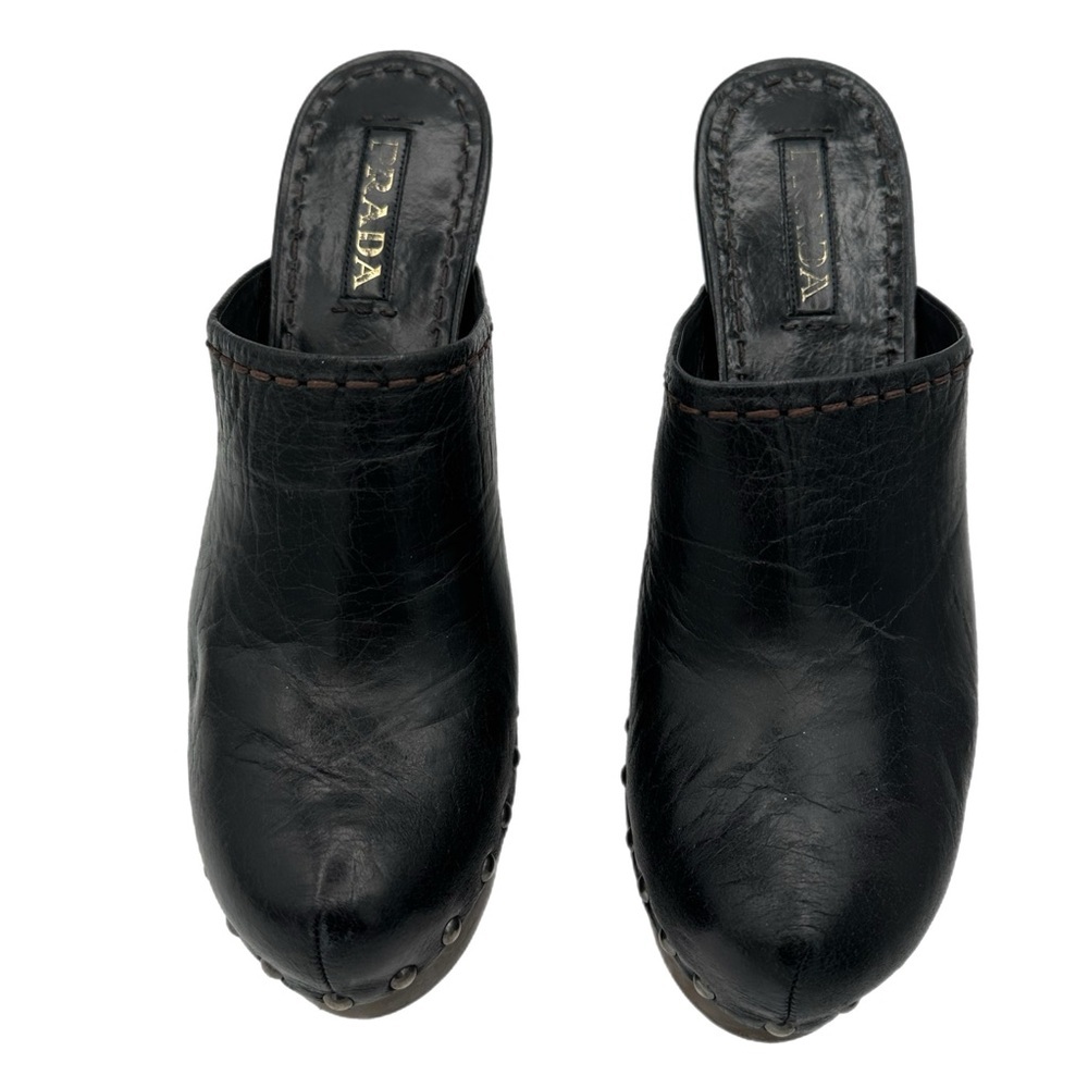 Prada Black Leather Mules with Distressed Wooden Heel – Size 39 EU - Picture 2 of 13